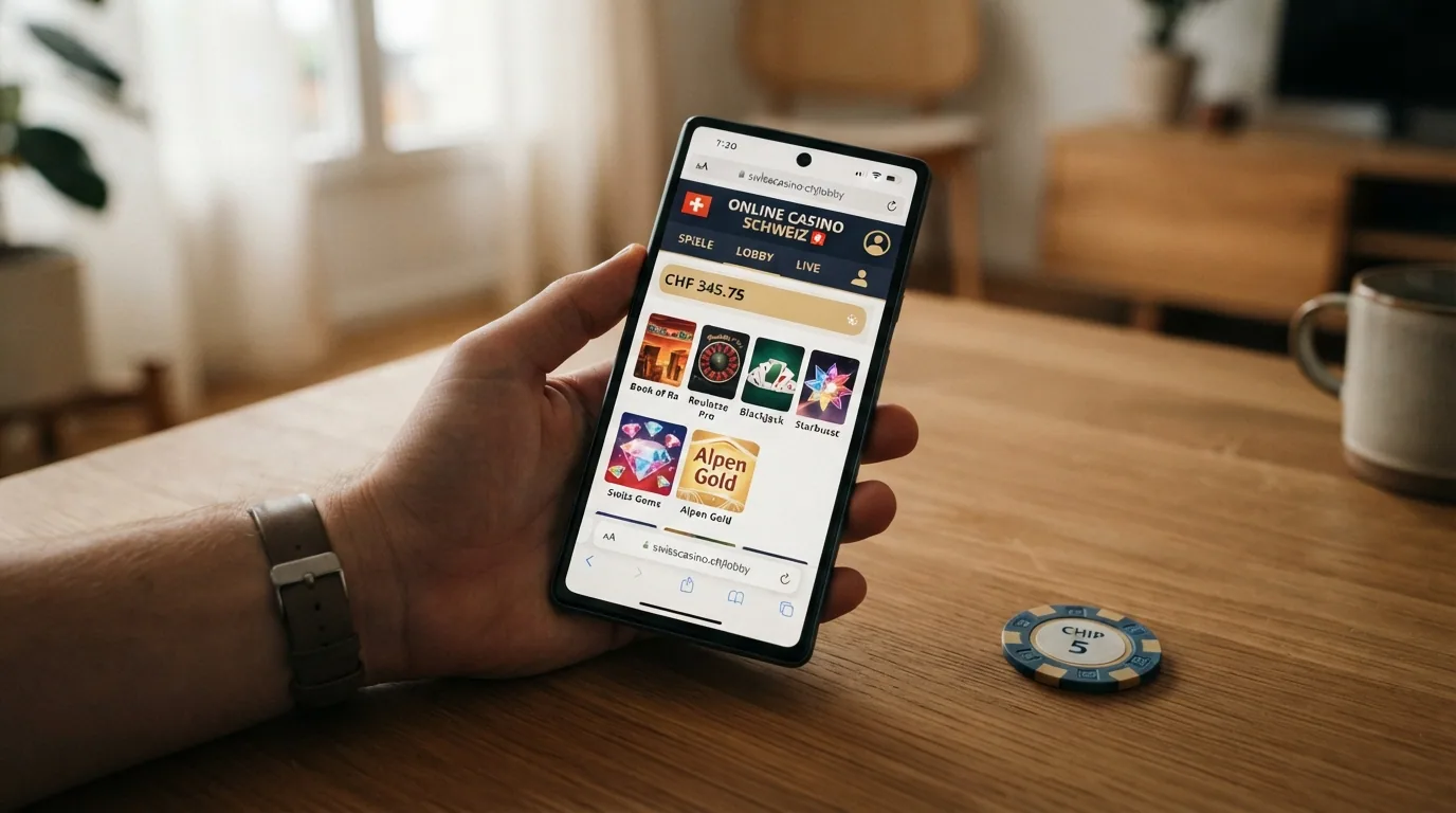 Schweizer Casino-Webseite geöffnet auf einem iPhone — ohne App-Installation, direkt im Safari-Browser spielbar