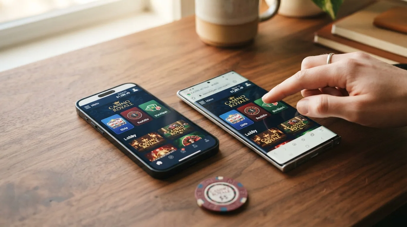 Zwei Smartphones nebeneinander: links eine native Casino-App, rechts dieselbe Casino-Seite im Browser – optisch nahezu identisch