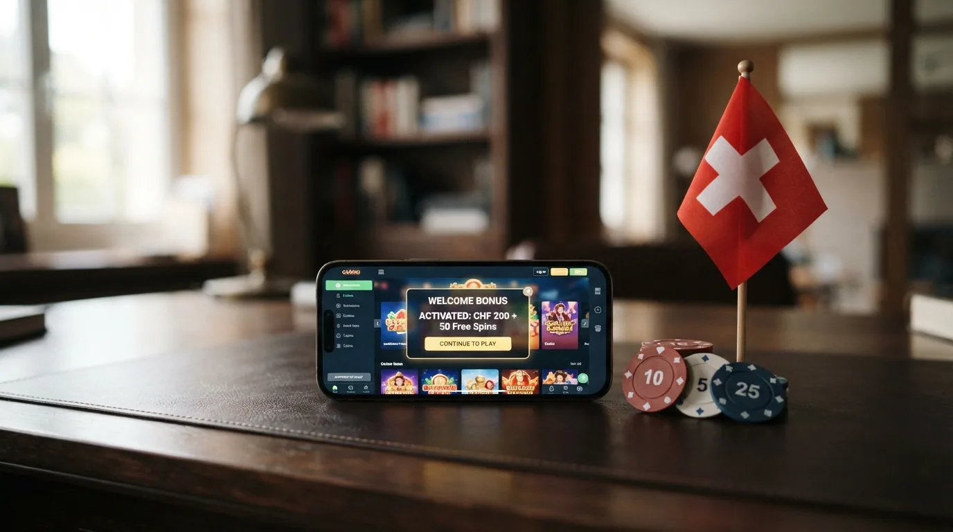 Eine Schweizer Flagge neben einem Stapel Casino-Chips und einem Smartphone mit Casino-App