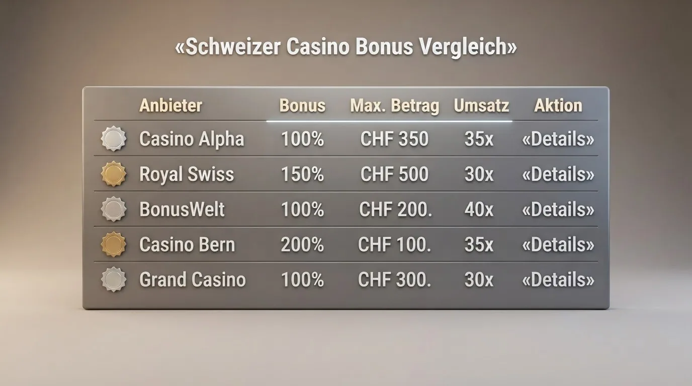 Eine tabellarische Übersicht von Casino-Logos mit ihren Bonus-Angeboten und Lizenzsymbolen