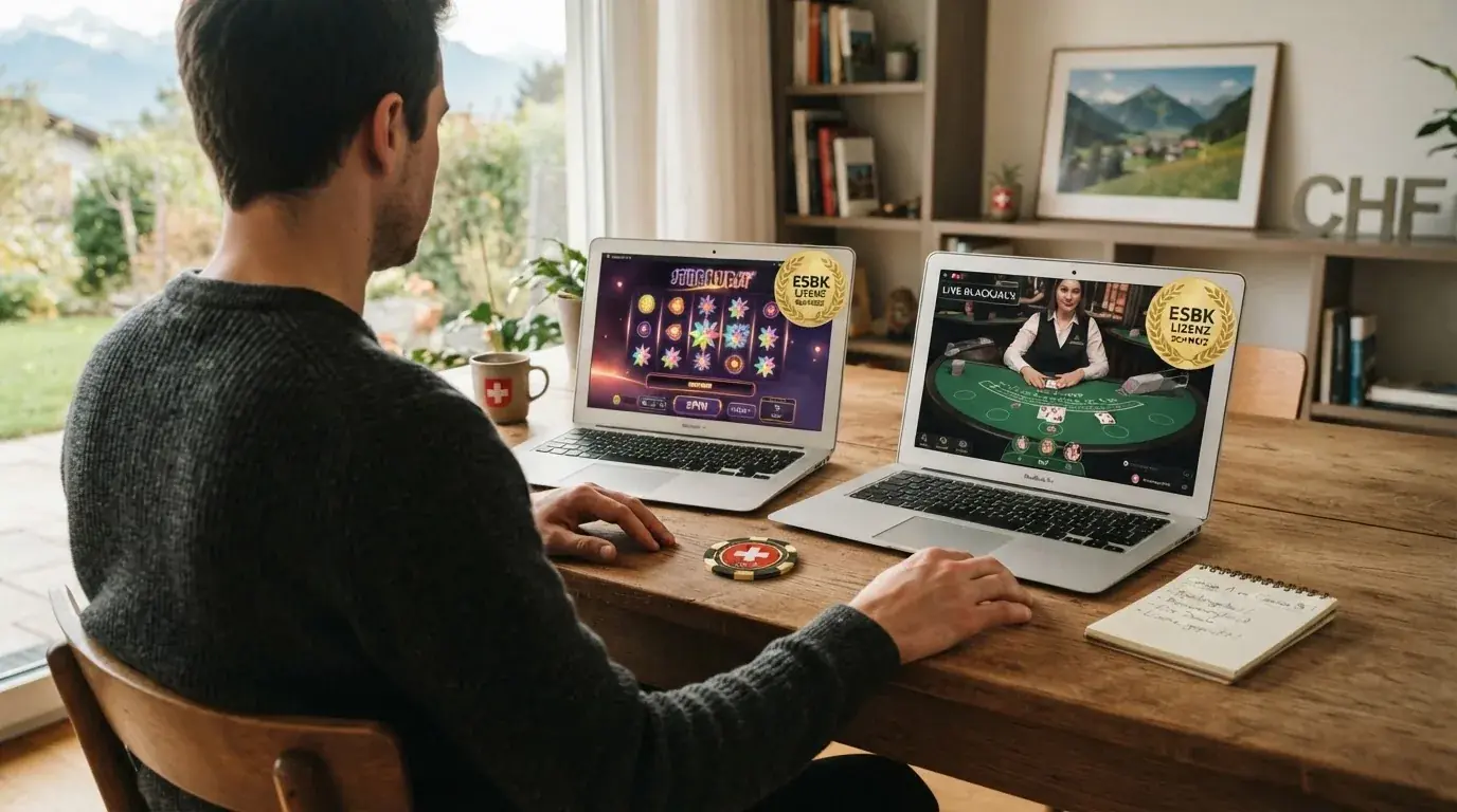 Ein Spieler vergleicht auf einem Bildschirm zwei Casino-Webseiten mit sichtbarem ESBK-Lizenzhinweis