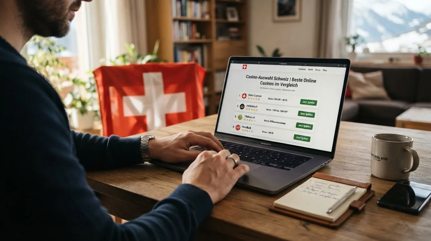 Eine Schweizer Flagge vor einem Laptop mit geöffneter Casino-Vergleichsseite
