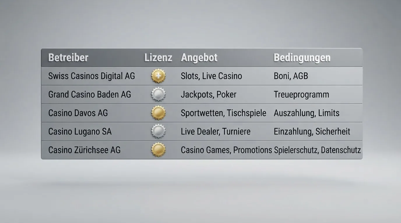 Zehn Logos der lizenzierten Schweizer Online-Casinos in einer tabellarischen Übersicht, darunter der Schriftzug «Lizenzierte Anbieter»