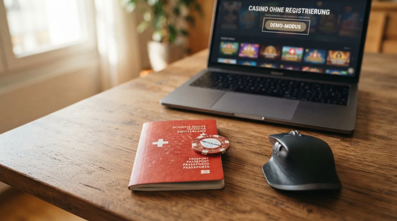 Ein Schweizer Pass liegt neben einer Computermaus, im Hintergrund unscharf eine Casino-Webseite