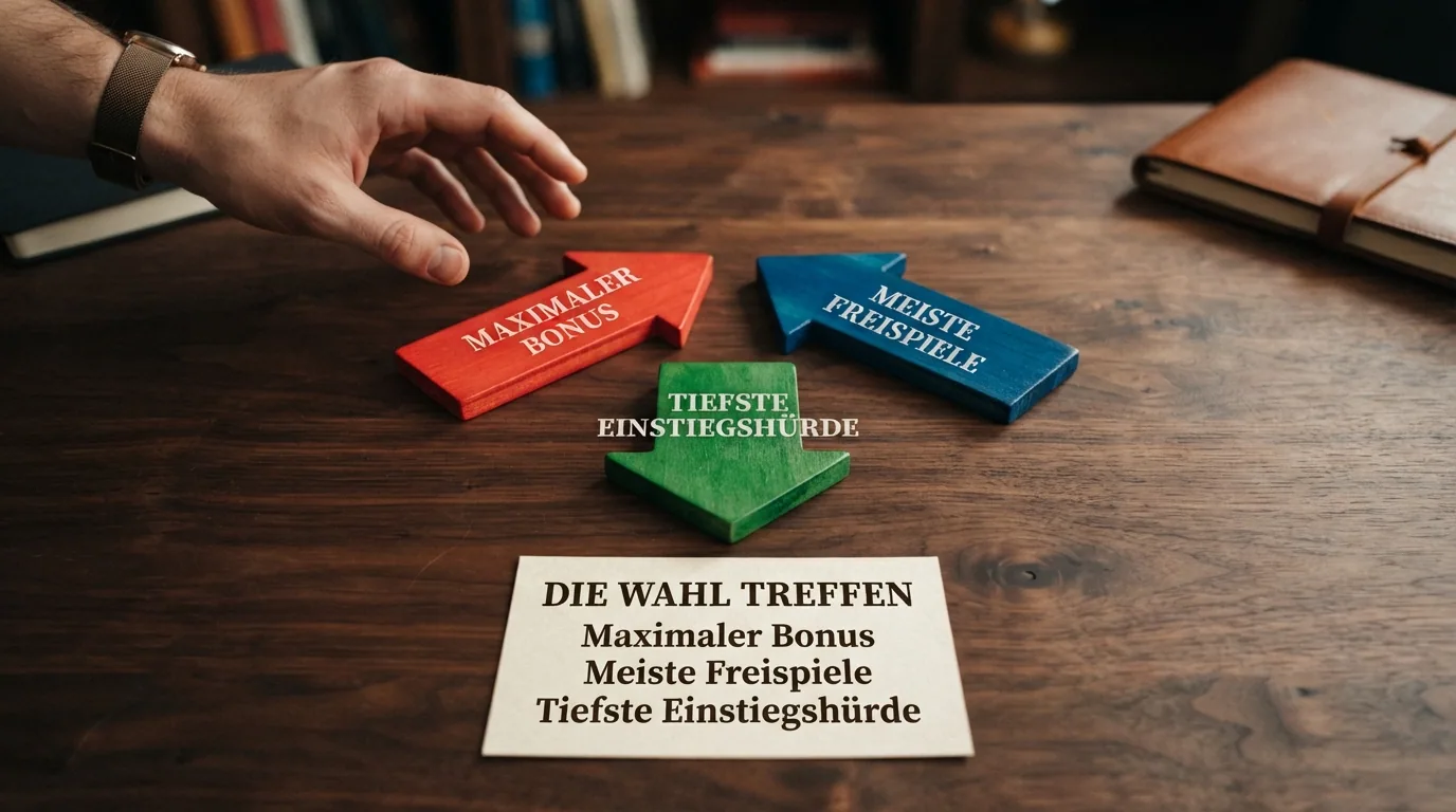 Drei unterschiedlich grosse, farbige Pfeile zeigen in verschiedene Richtungen, darunter die Stichworte «Maximaler Bonus», «Meiste Freispiele» und «Tiefste Einstiegshürde»