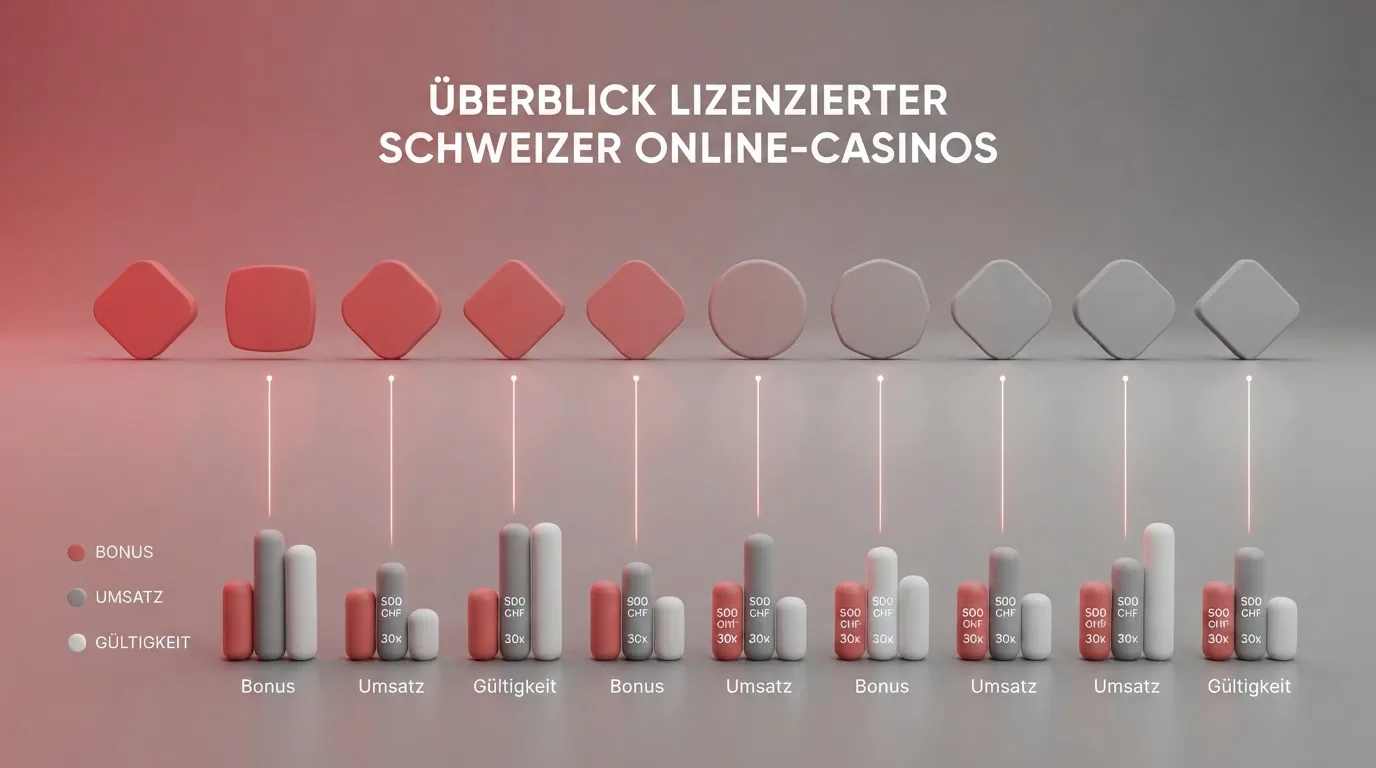 Eine Übersichtstabelle mit Casino-Logos der zehn lizenzierten Schweizer Anbieter in einer Reihe