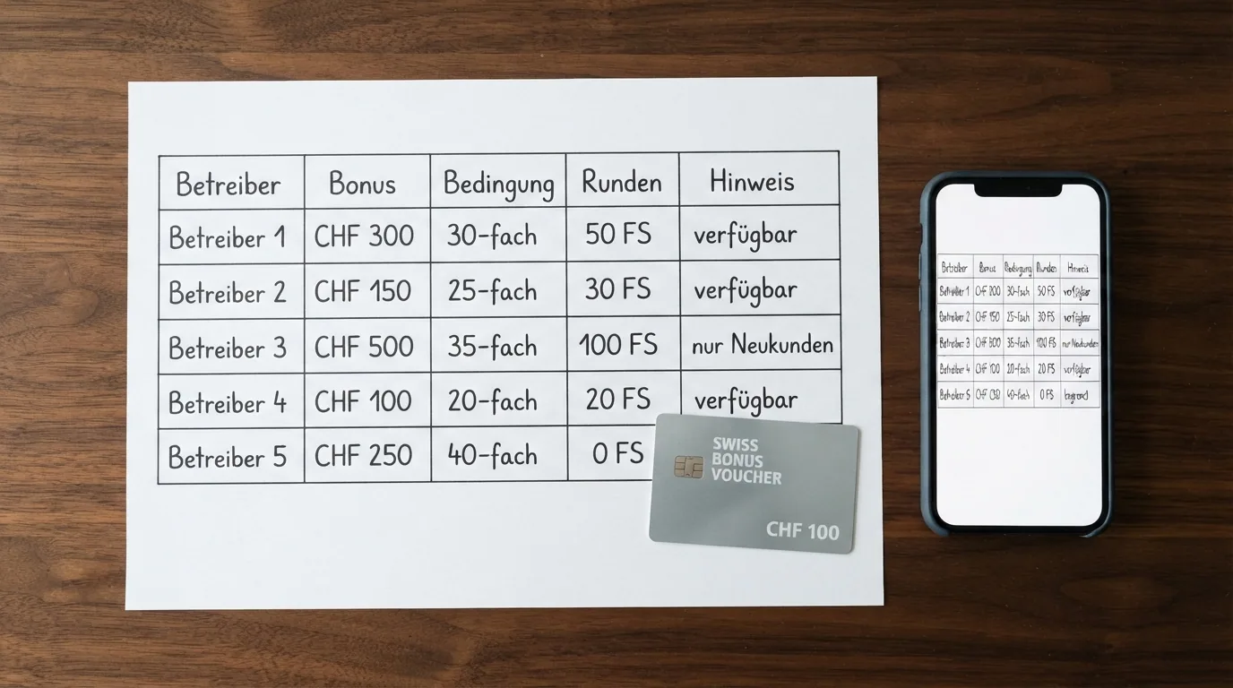 Vergleichstabelle mit Logo, Bonus und Umsatzbedingungen der zehn ESBK-lizenzierten Casinos