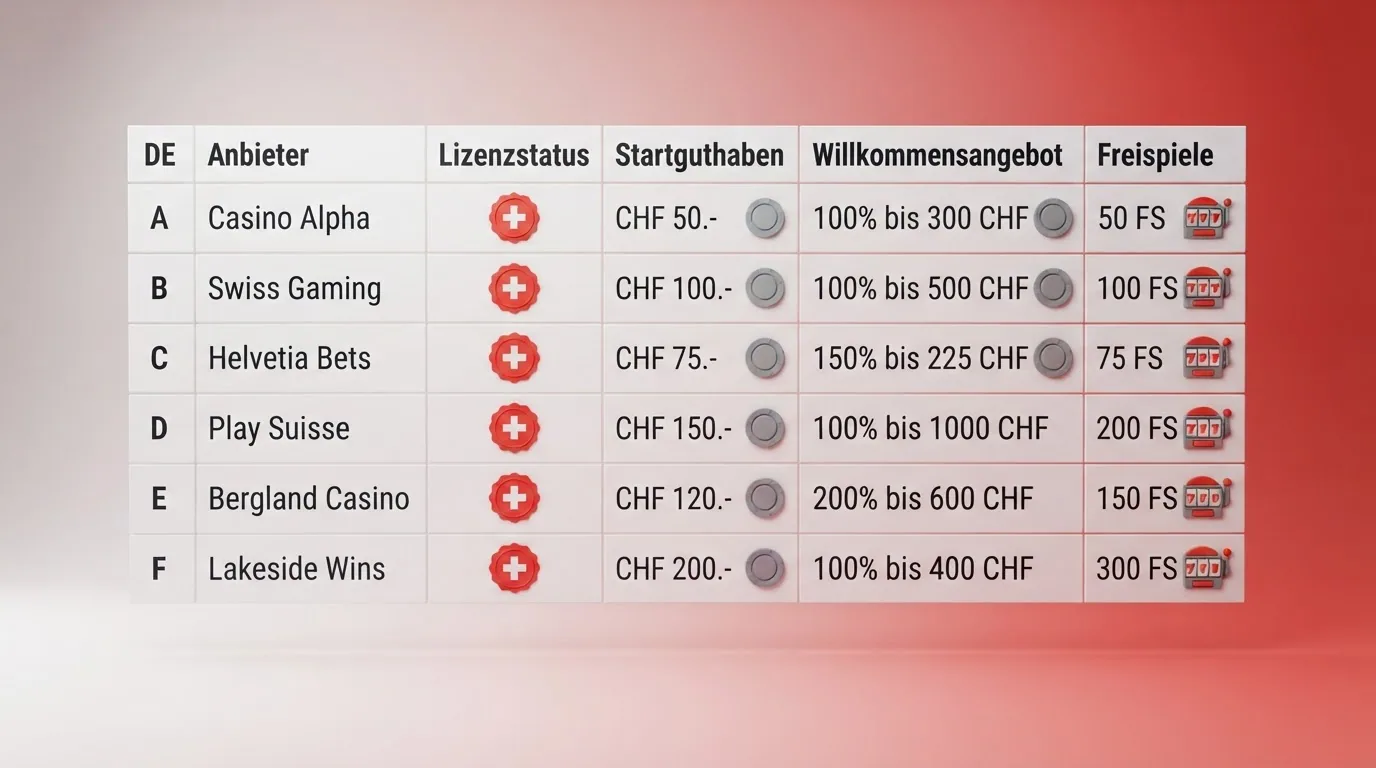 Eine Vergleichstabelle mit den zehn vorgestellten Online-Casinos und ihren Kennzahlen