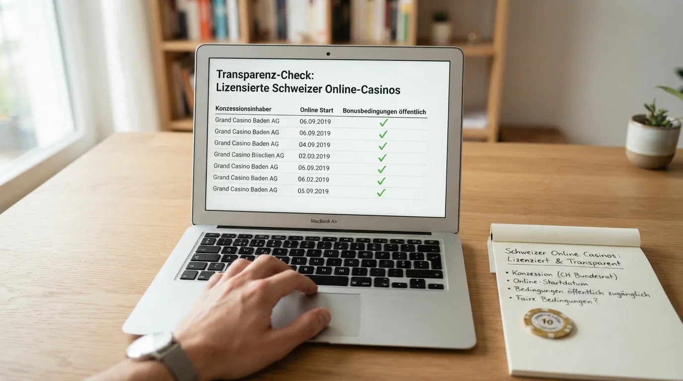 Vergleichstabelle der zehn ESBK-lizenzierten Online-Casinos mit Konzessionsträger und Online-Startdatum