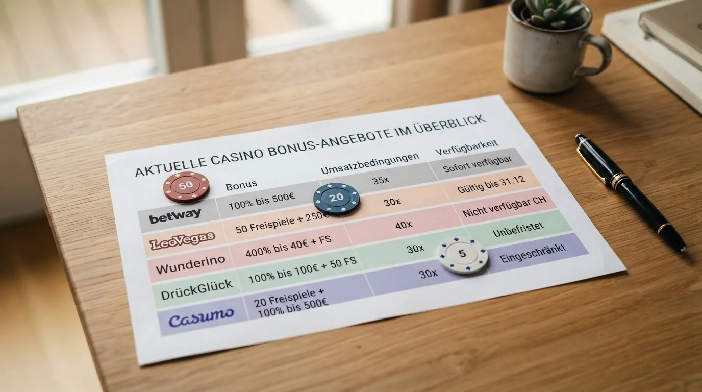 Vergleichstabelle der zehn lizenzierten Casinos mit farblich markierten Spalten für Bonus, Umsatz und No-Deposit-Verfügbarkeit