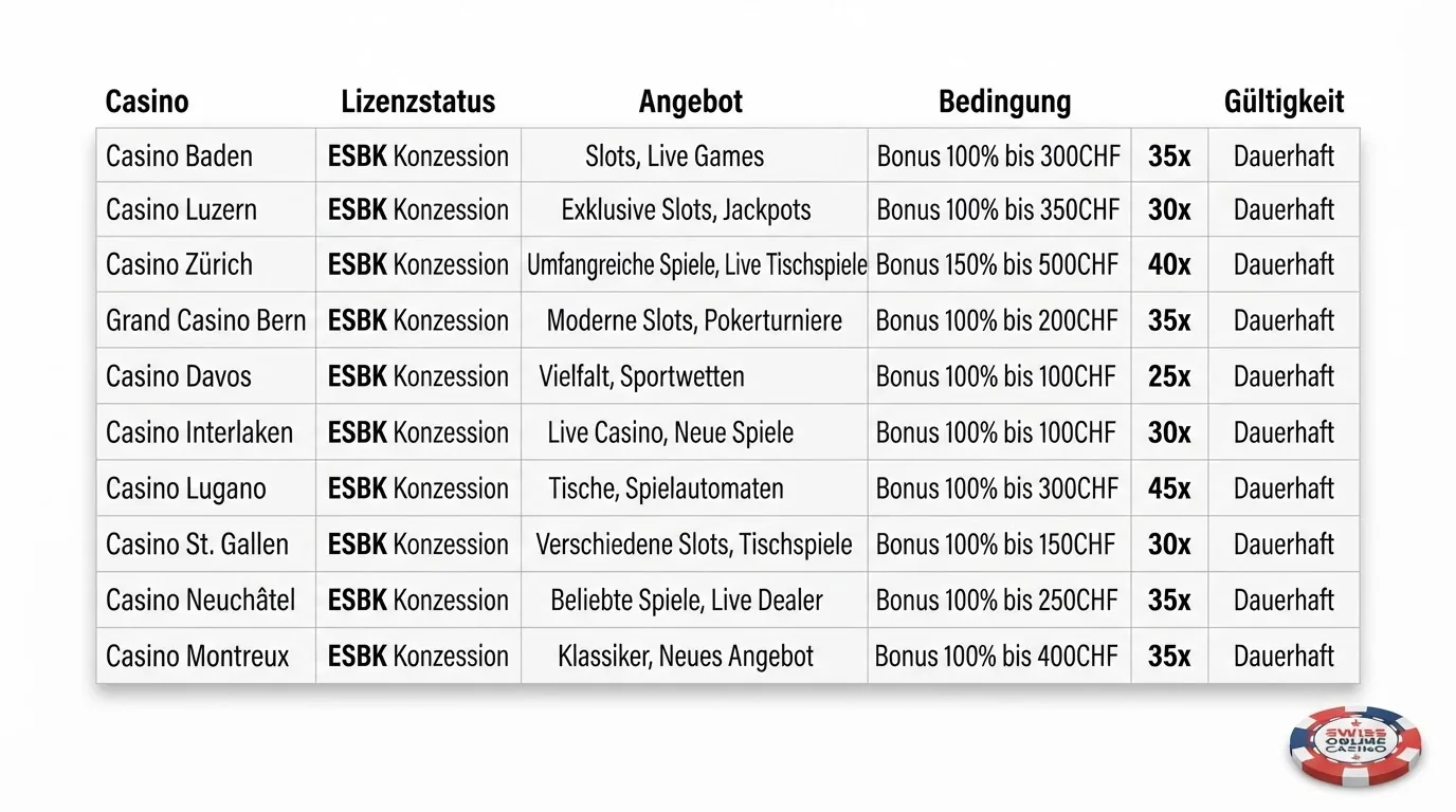 Eine Vergleichstabelle mit den Logos und Bonus-Daten von zehn Online-Casinos für die Schweiz