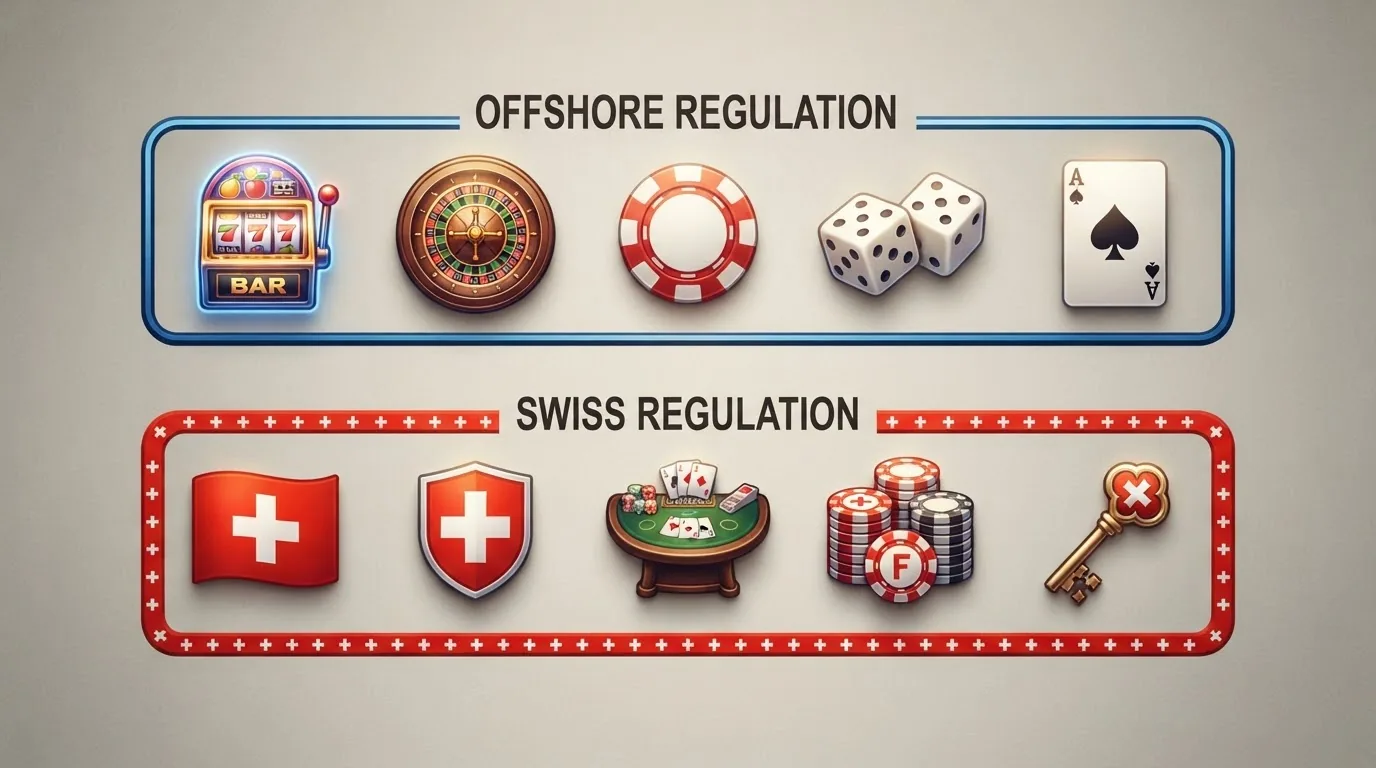 Zehn Casino-Logos in zwei Reihen: oben fünf mit blauem Offshore-Rahmen, unten fünf mit rotem Schweizer-Kreuz-Rahmen