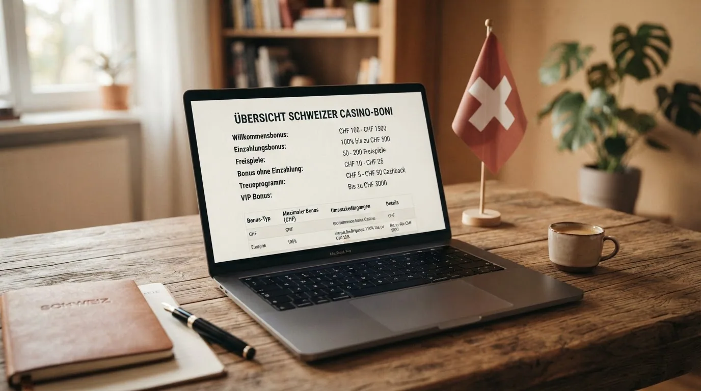 Bildschirm mit einer Vergleichstabelle, die Casino-Namen und Bonus-Werte in CHF zeigt, im Hintergrund eine Schweizer Flagge