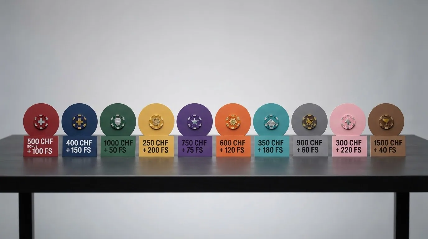 Eine übersichtliche Tabelle mit Casino-Logos, Willkommenspaketen in CHF und der Anzahl Freispiele für alle zehn Anbieter