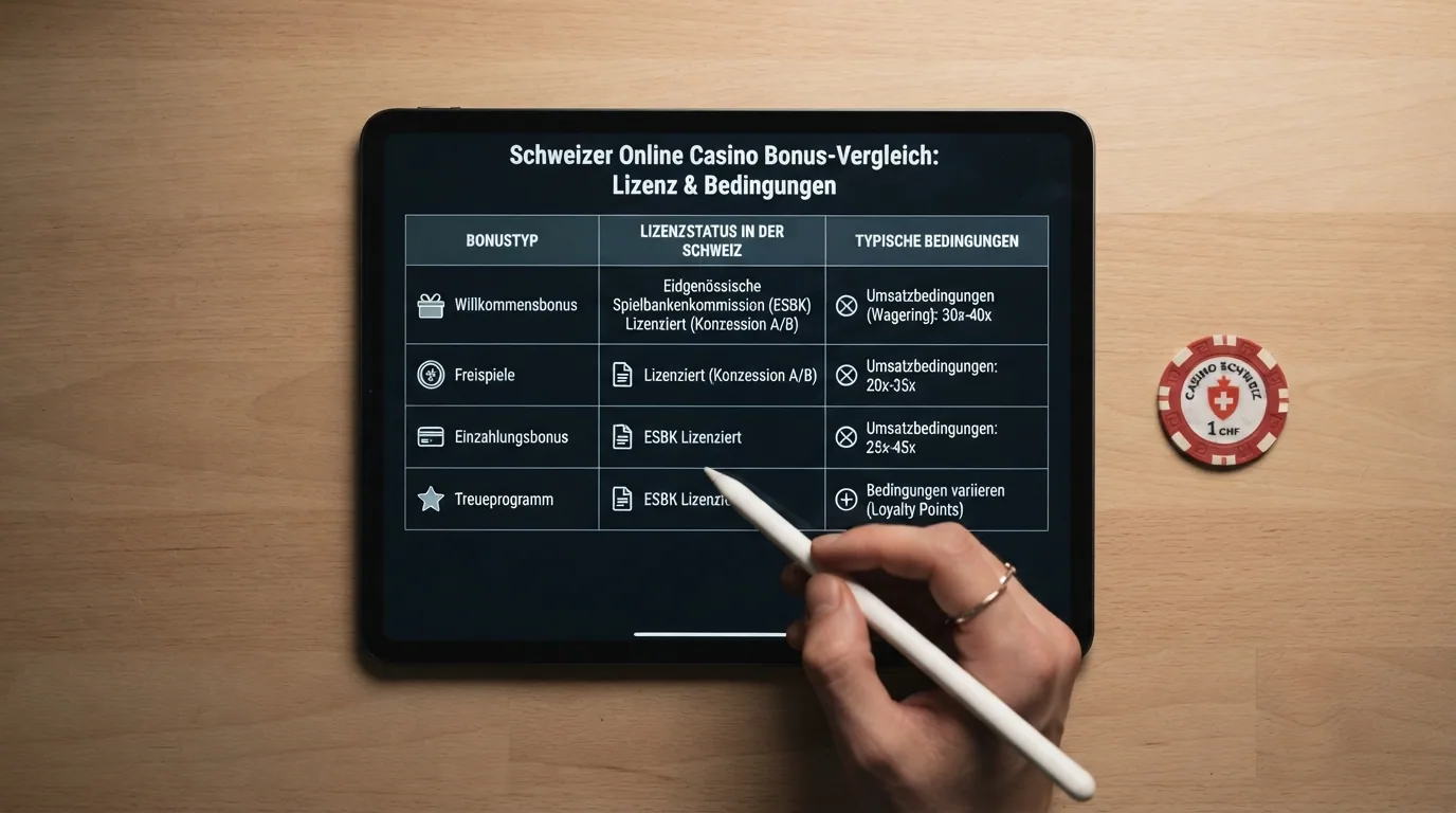 Vergleichstabelle mit den sechs Spalten: Casino-Name, No-Deposit-Bonus, Bonus-Typ, Konzession, Online seit, Spielanbieter