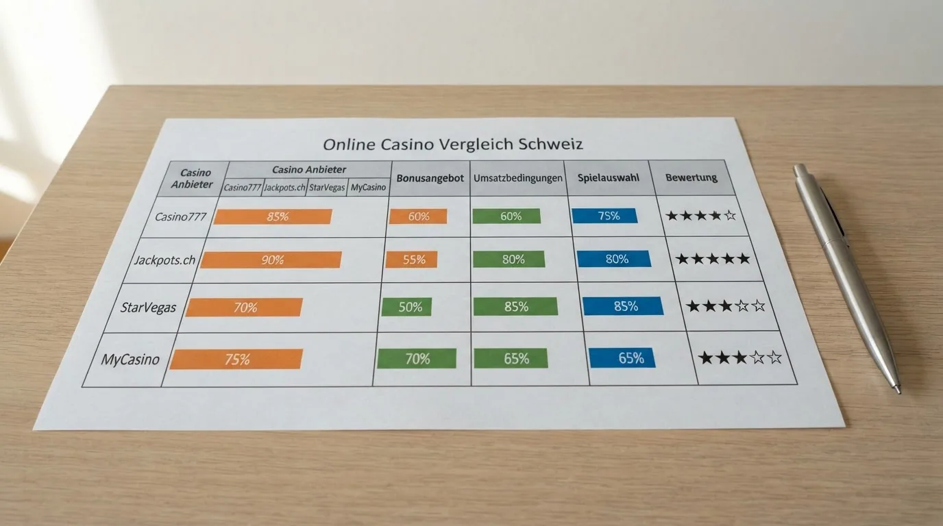 Eine übersichtliche Vergleichstabelle mit Casino-Logos in den Zeilen und farblich abgestuften Bewertungsbalken in den Spalten