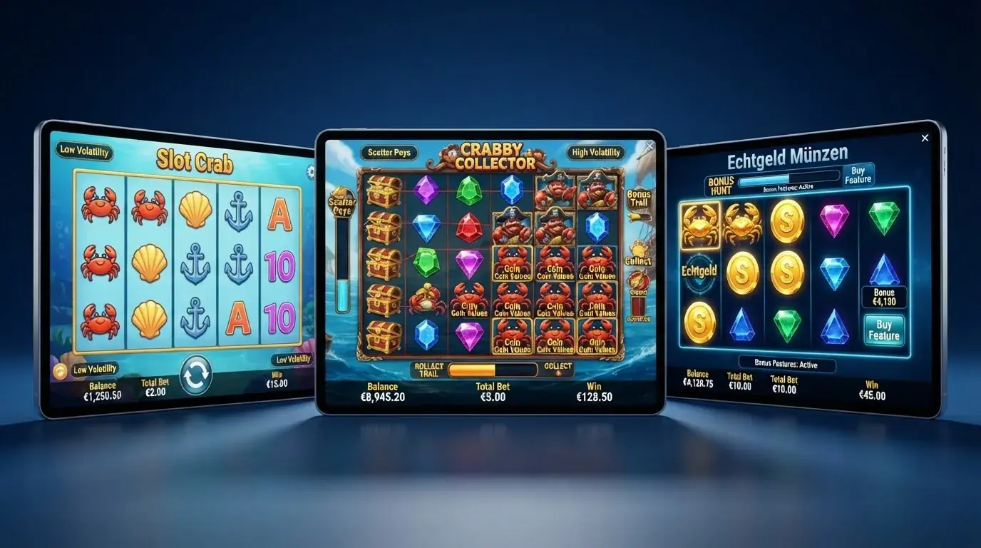 Drei Spielkacheln nebeneinander — Slot Crab mit niedrigvolatiler Anzeige, Crabby Collector mit Scatter-Pays-Grid, Cash and Crab mit Münzen-Symbol