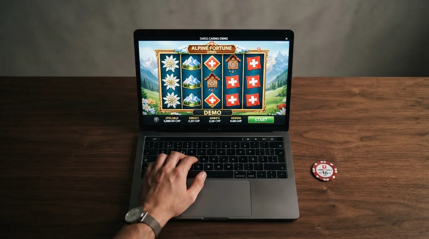 Demo-Modus eines Spielautomaten mit Spielgeld-Anzeige — identische Walzen, identische Gewinnlinien
