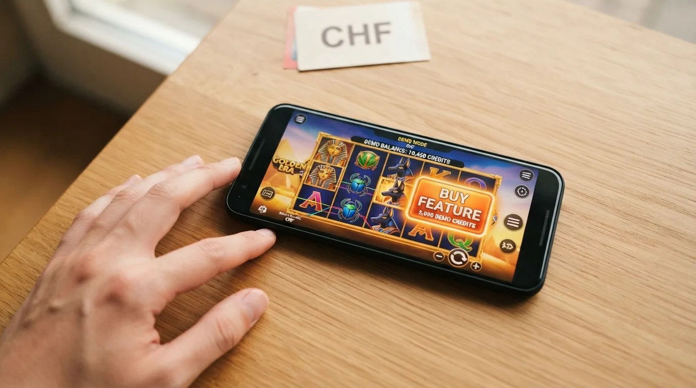 Die Benutzeroberfläche eines Bonus-Buy-Slots im Demo-Modus mit Spielgeld-Guthaben-Anzeige