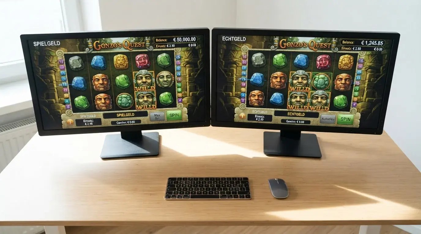 Zwei Bildschirmhälften: links ein Casino-Slot mit Spielgeld-Anzeige, rechts derselbe Slot mit Echtgeld-Einsatz – die Walzenbilder sind identisch