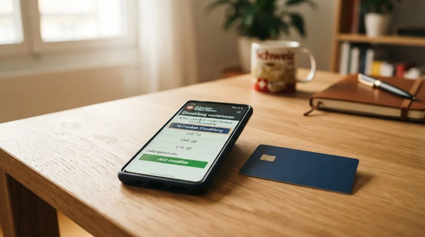 TWINT-App und Paysafecard-Logo auf einem Smartphone-Bildschirm, dahinter eine Schweizer Online-Casino-Oberfläche