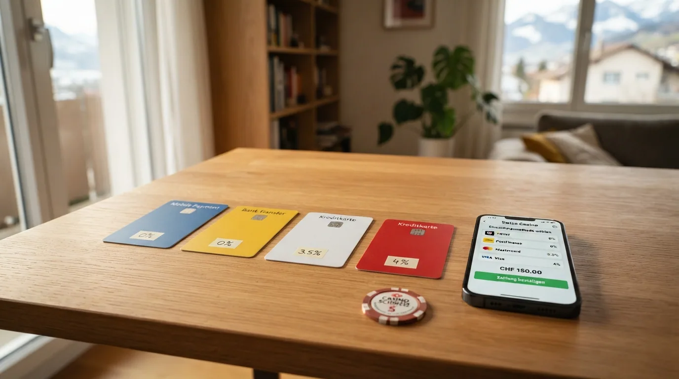 Die Logos von TWINT, PostFinance, Visa und Mastercard mit eingeblendeten Gebühren-Prozentangaben