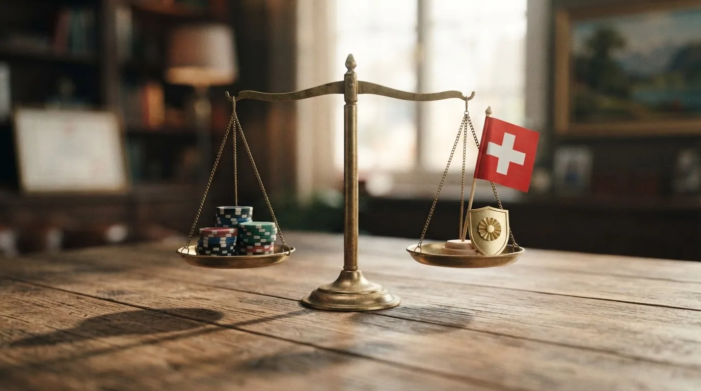 Eine Waage: auf der einen Seite «400% Bonus», auf der anderen «Schutz · Recht · Sicherheit» — die Waage neigt sich zur sicheren Seite