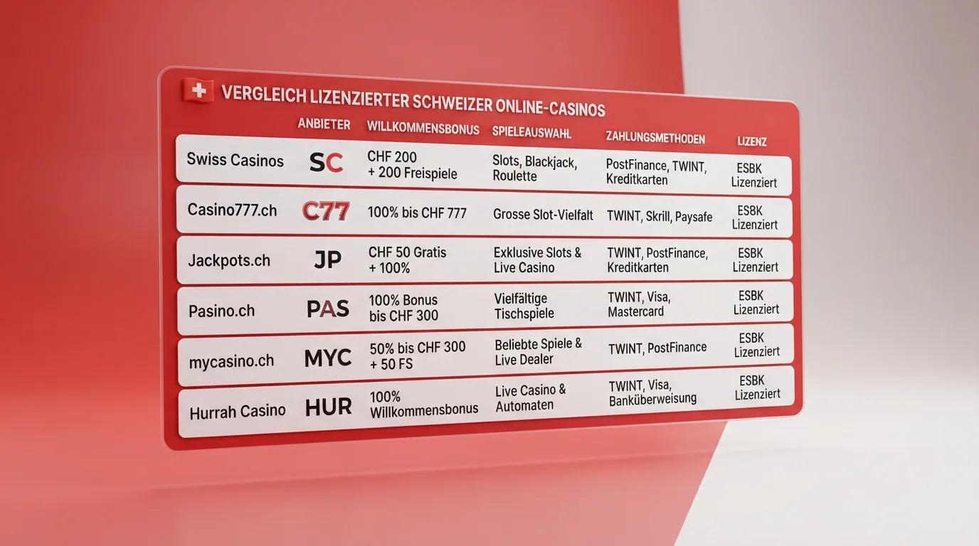 Eine geordnete tabellarische Übersicht mit 10 Zeilen, farblich abgesetzte Kopfzeile, Schweizerkreuz-Icon