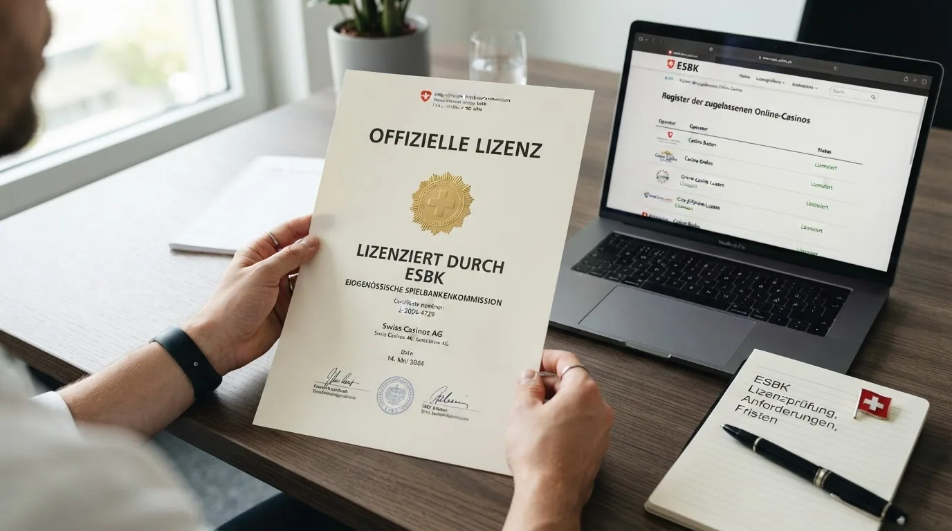 Das offizielle ESBK-Logo und ein Auszug aus dem Online-Spielbanken-Register mit hervorgehobenem Konzessionsstatus