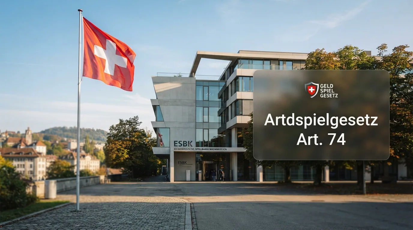 Das offizielle ESBK-Gebäude mit Schweizer Flagge, daneben eingeblendet das Logo des Geldspielgesetzes (BGS) und die Zahl «Art. 74»
