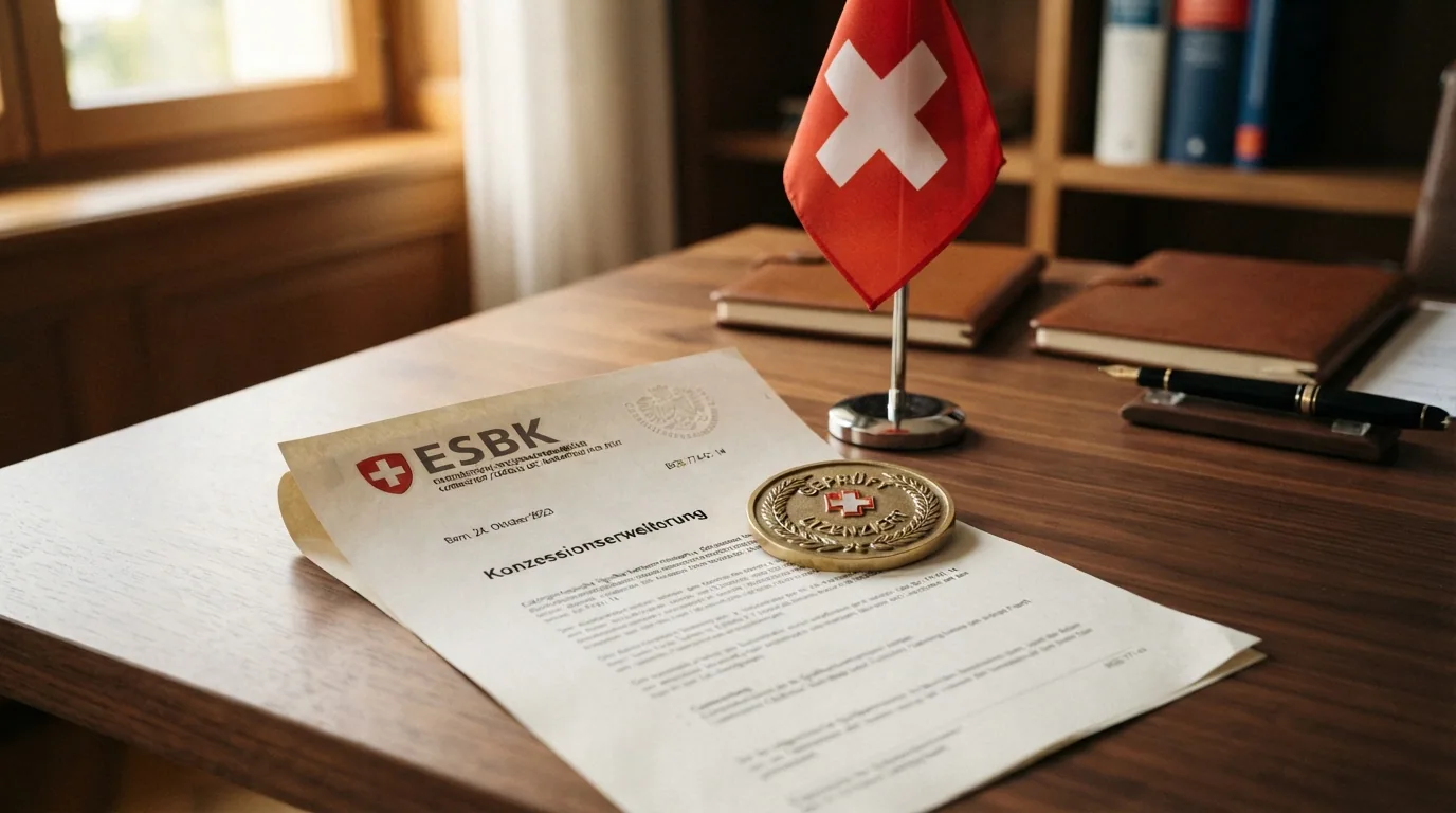 Offizielles Dokument mit ESBK-Siegel und der Aufschrift «Konzessionserweiterung» neben einer Schweizer Flagge