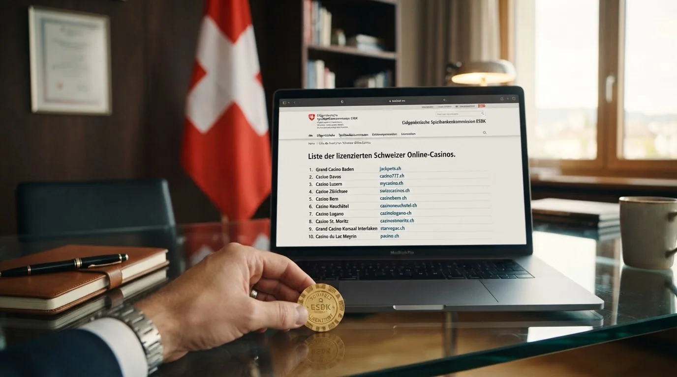 Das ESBK-Logo und ein Ausschnitt aus der Liste der lizenzierten Schweizer Online-Casinos auf einem Bildschirm