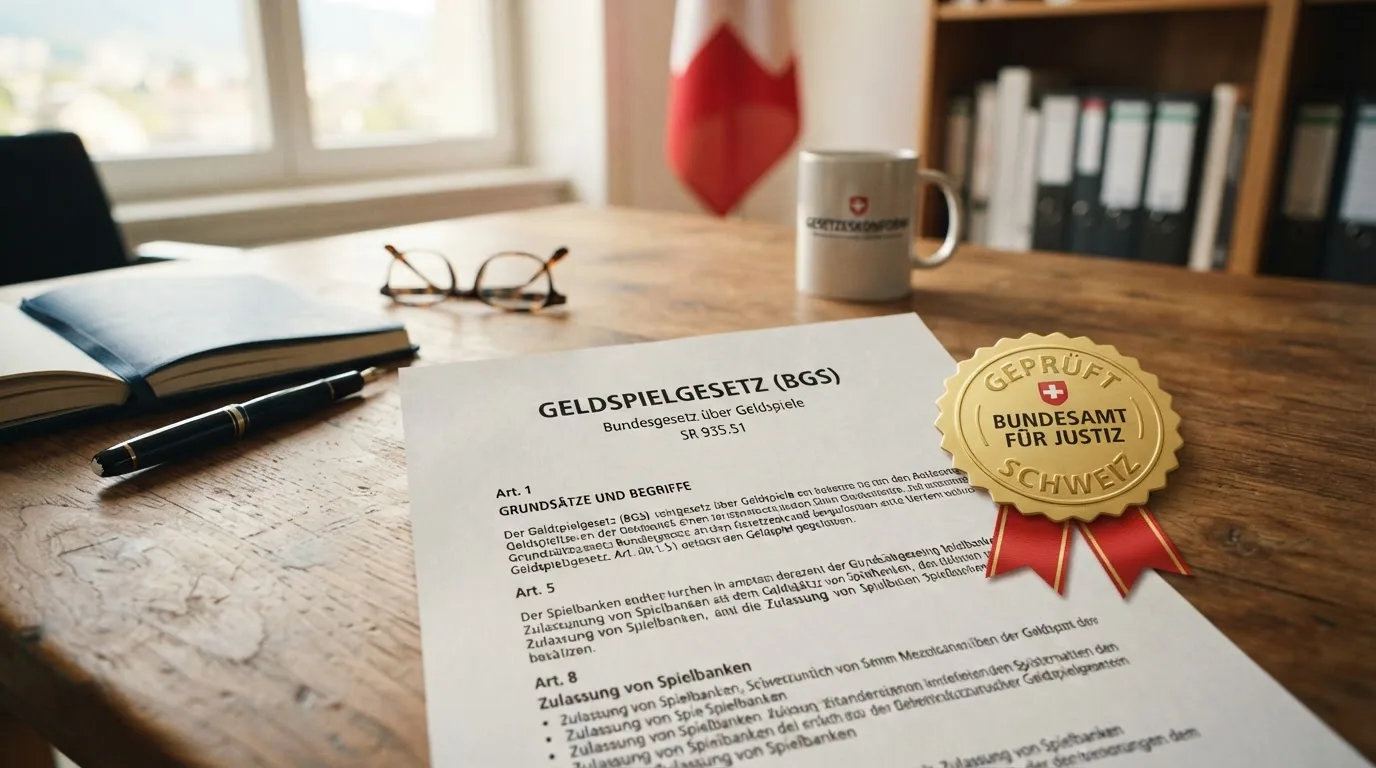 Das offizielle ESBK-Logo neben dem Titelblatt des Geldspielgesetzes (BGS), darüber ein grüner Haken und das Wort «Gratisspiele: nicht unterstellt»