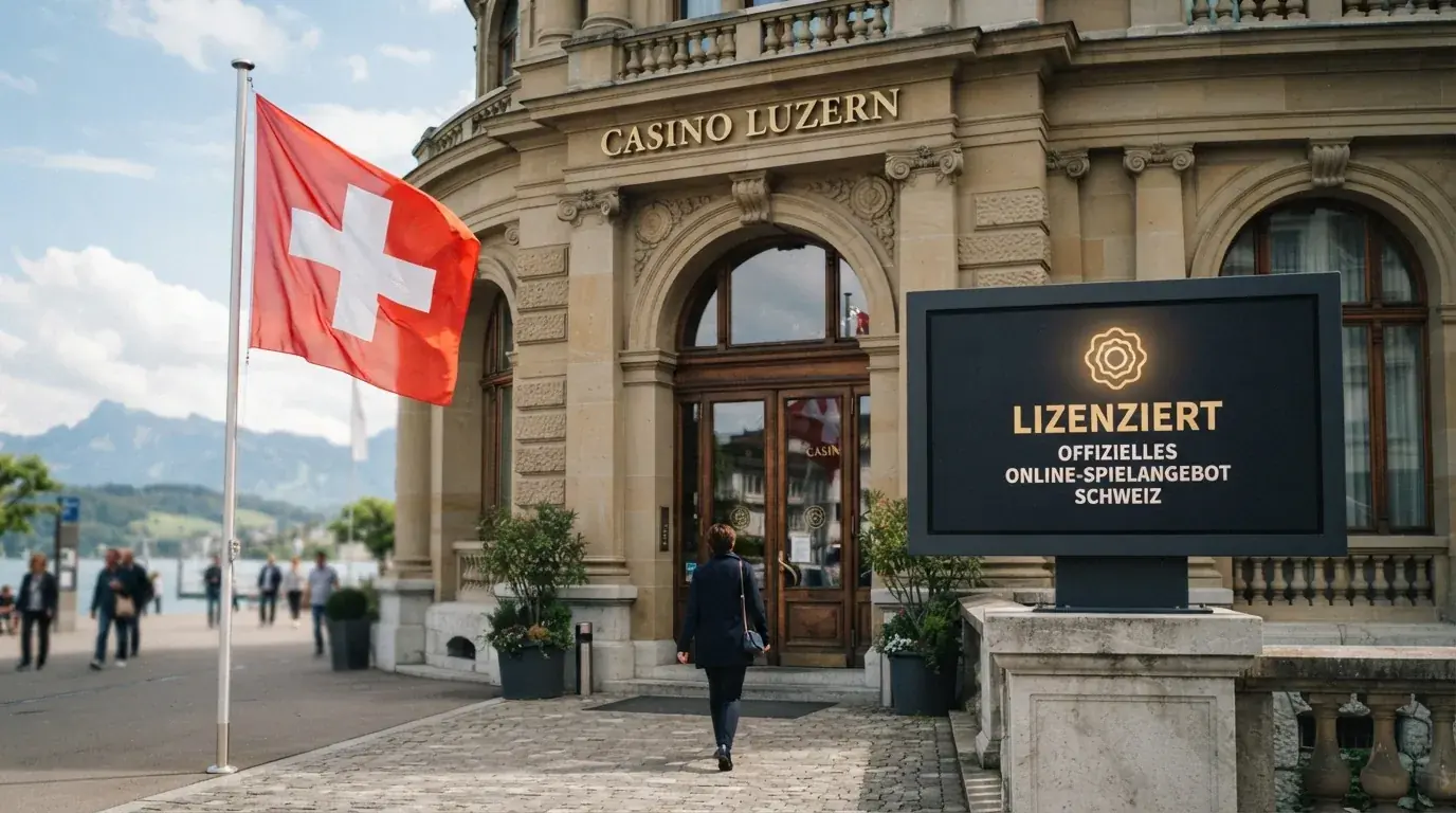 Die Schweizer Fahne vor dem Eingang einer Spielbank, daneben ein Monitor mit dem offiziellen Schriftzug der Eidgenössischen Spielbankenkommission