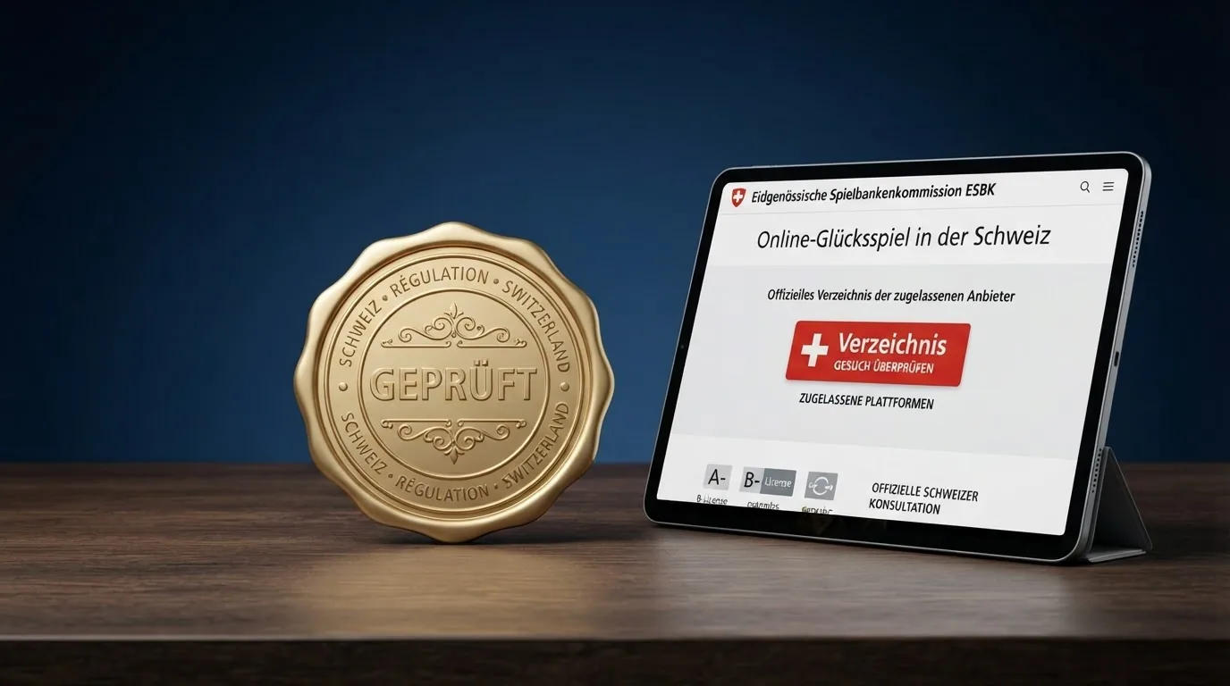 Offizielles ESBK-Logo und ein Schweizer Gesetzestext mit dem Titel «Geldspielgesetz»