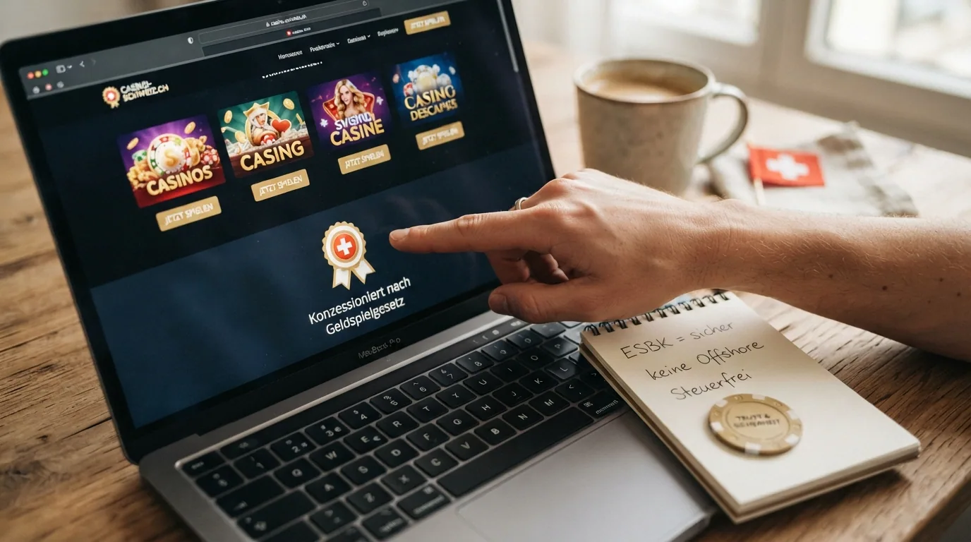 Das ESBK-Logo auf einer Schweizer Casino-Webseite mit einem Schloss-Symbol und dem Schriftzug «Konzessioniert nach Geldspielgesetz»