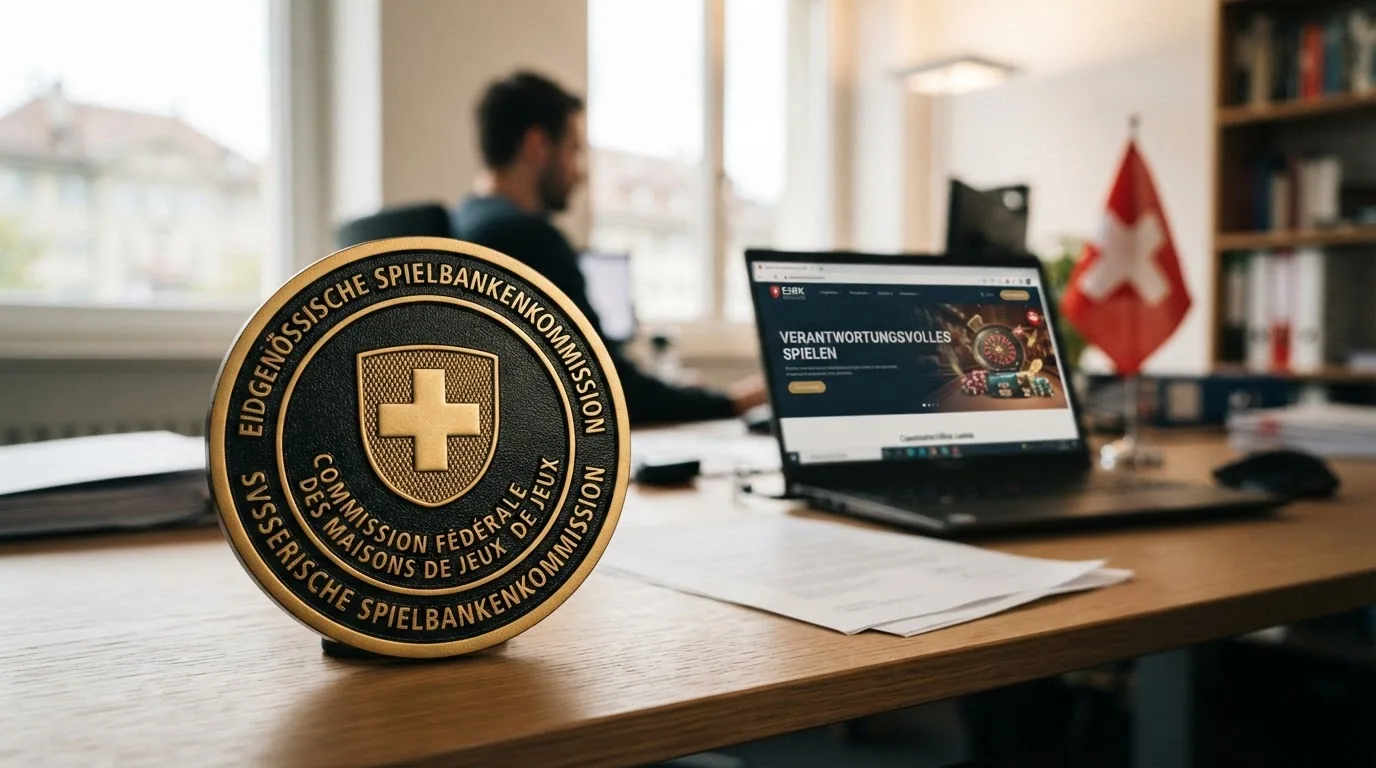 Das offizielle ESBK-Siegel in Grossaufnahme mit dem Schriftzug «Eidgenössische Spielbankenkommission», darunter ein stilisiertes Schild-Symbol