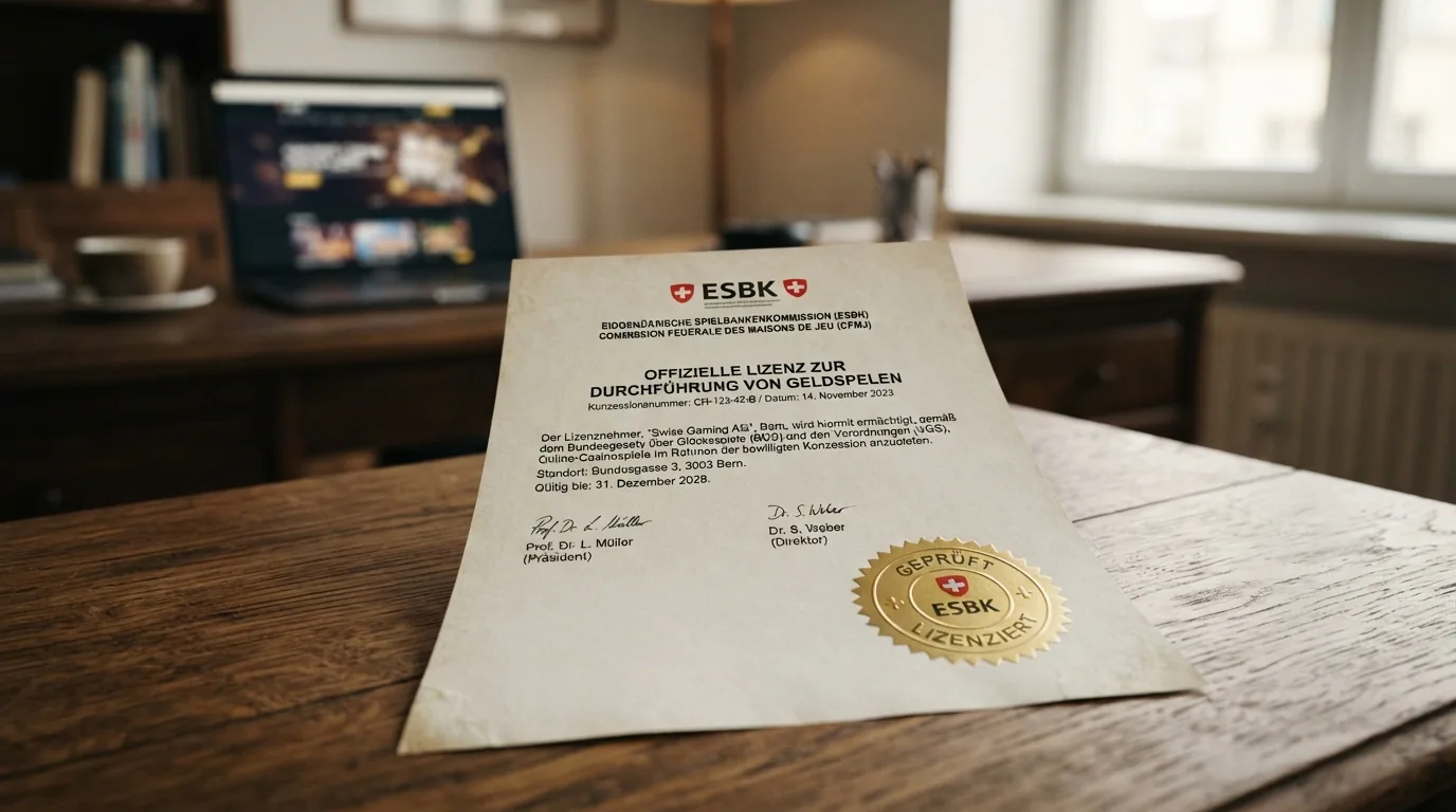 Offizielles ESBK-Dokument oder Siegel-artige Darstellung mit dem Schriftzug «Eidgenössische Spielbankenkommission» und einem Schloss-Symbol