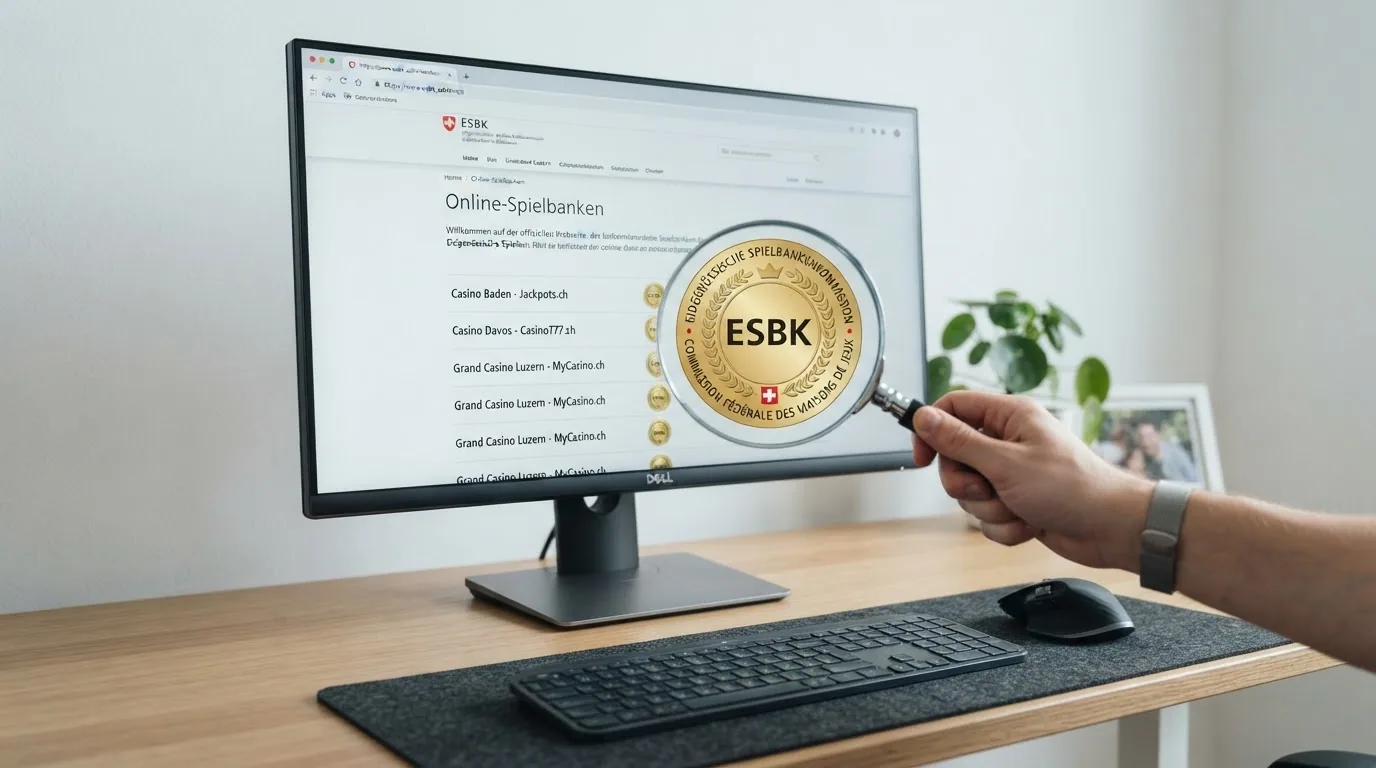 Das ESBK-Logo auf einem Bildschirm, daneben die URL esbk.admin.ch und eine Lupe über dem Schriftzug «Online-Spielbanken».
