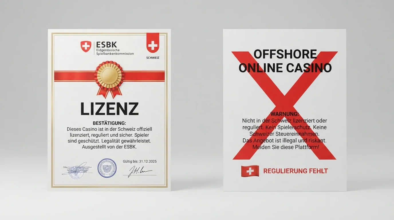 Amtliches Dokument mit ESBK-Logo und der Aufschrift «Konzession», daneben ein rot durchgestrichenes Offshore-Symbol