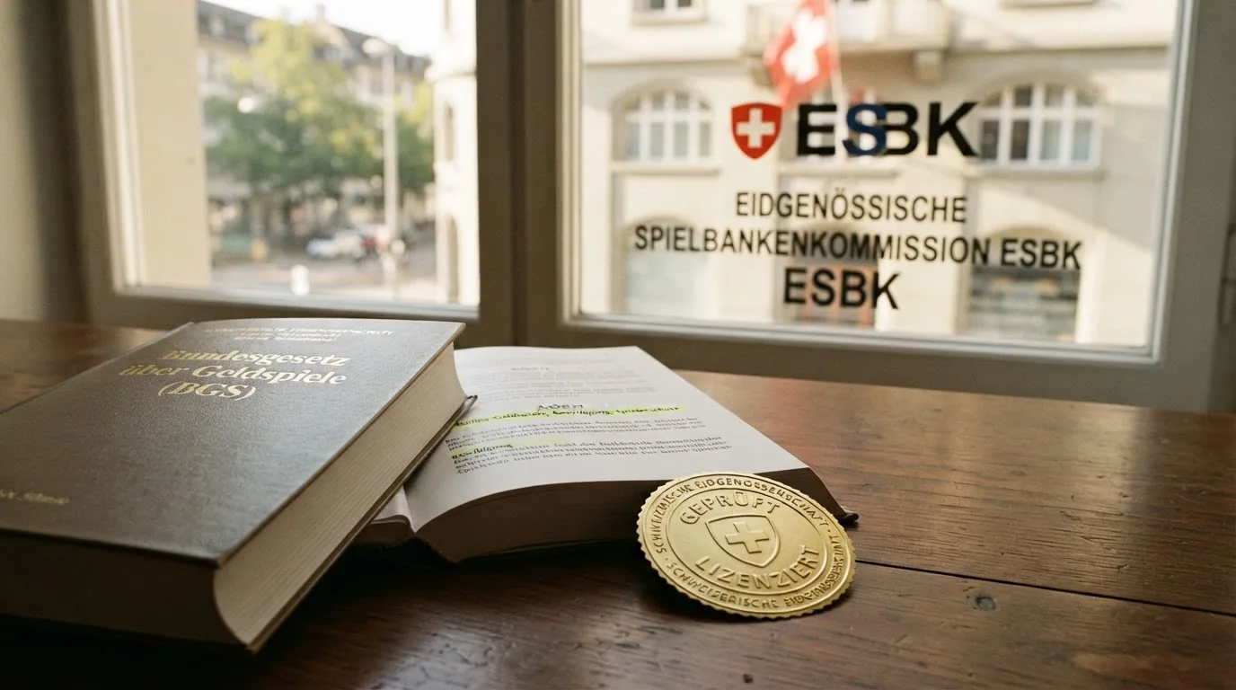 Das Gebäude der Eidgenössischen Spielbankenkommission mit dem ESBK-Schriftzug, davor das Bundesgesetz über Geldspiele (BGS) in einem aufgeschlagenen Buch