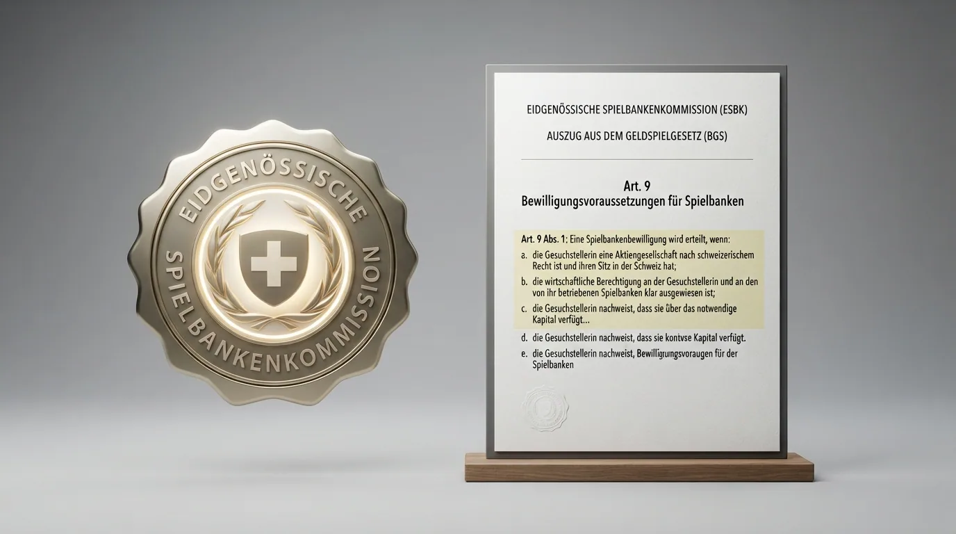 Das offizielle Logo der Eidgenössischen Spielbankenkommission (ESBK) neben einem Auszug aus dem Geldspielgesetz mit hervorgehobenem Artikel 9 und dem Schriftzug «Art. 86 BGS — Netzsperre».