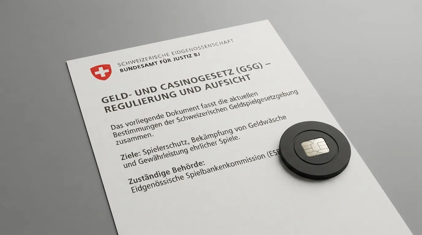 Offizielles Dokument des Geldspielgesetzes mit ESBK-Logo und Schweizer Kreuz