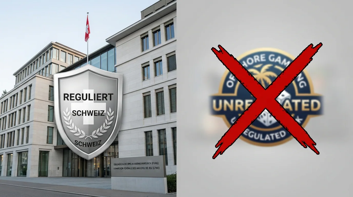 Eine zweispaltige Gegenüberstellung: links das ESBK-Gebäude mit Schutzschild-Symbol, rechts ein durchgestrichenes Offshore-Casino-Logo