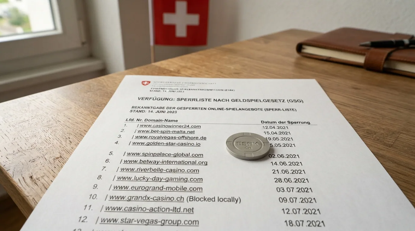 Offizielles Dokument oder Bildschirmfoto der ESBK-Sperrliste mit blockierten Domains und Schweizer Wappen