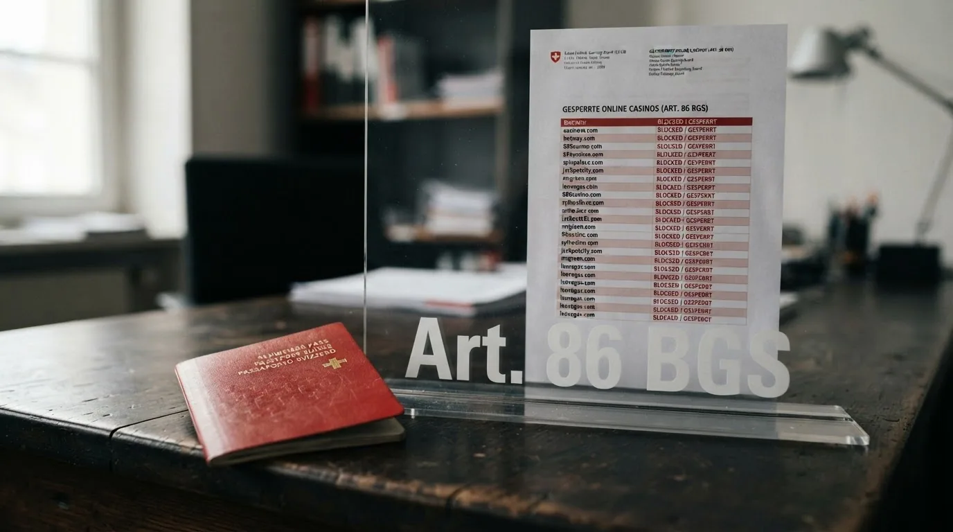 Ein Schweizer Pass neben einem Sperrschild mit der Aufschrift «Art. 86 BGS» vor einem Bildschirm mit durchgestrichenen Casino-Domains