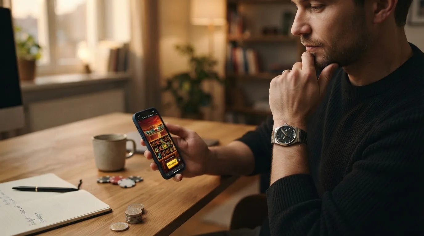 Eine Person am Smartphone mit geöffneter Slot-App, im Hintergrund eine Uhr
