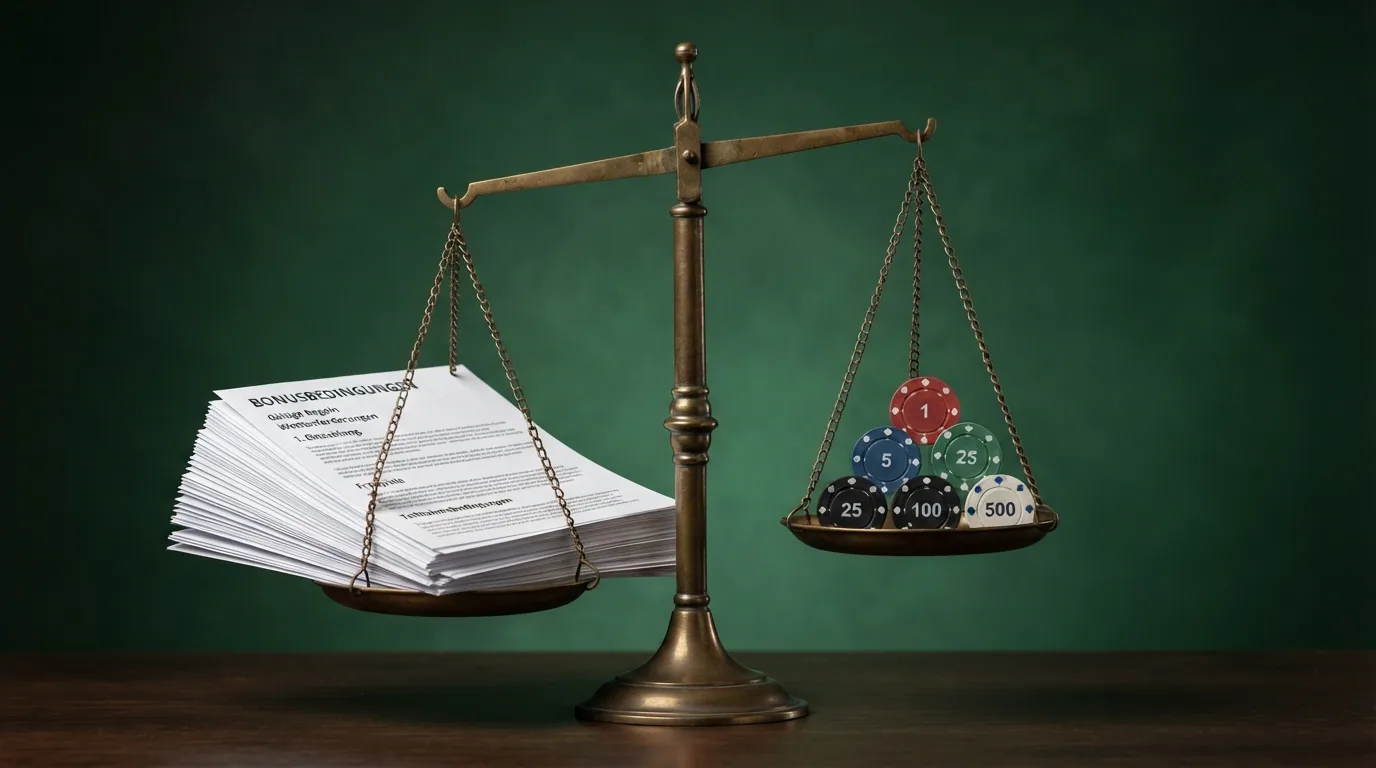 Eine Waage: links ein Stapel «Bonusbedingungen»-Dokumente, rechts fünf leuchtende Casino-Chips — die Waage neigt sich leicht nach links