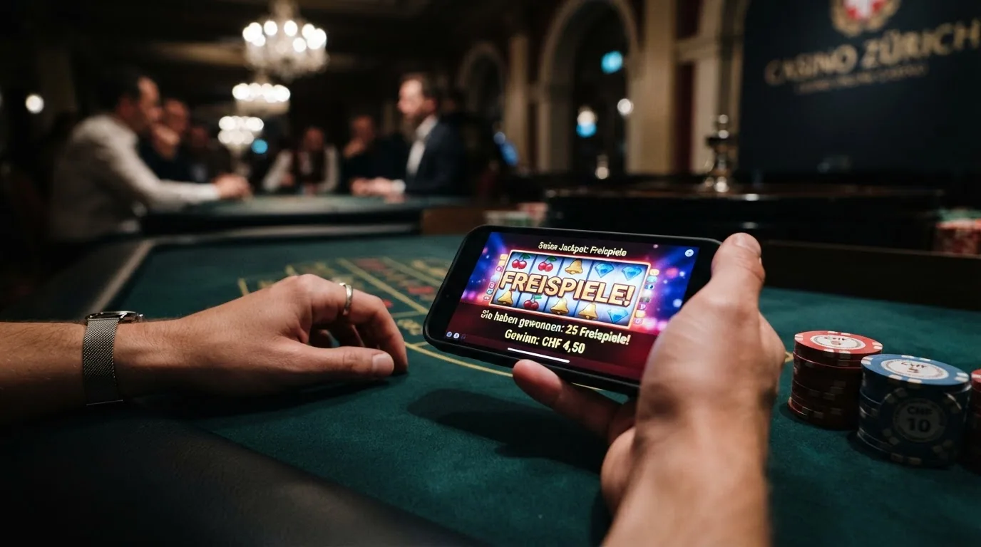 Slot-Bildschirm mit leuchtendem «Freispiele»-Zähler und Spielautomat im Vordergrund