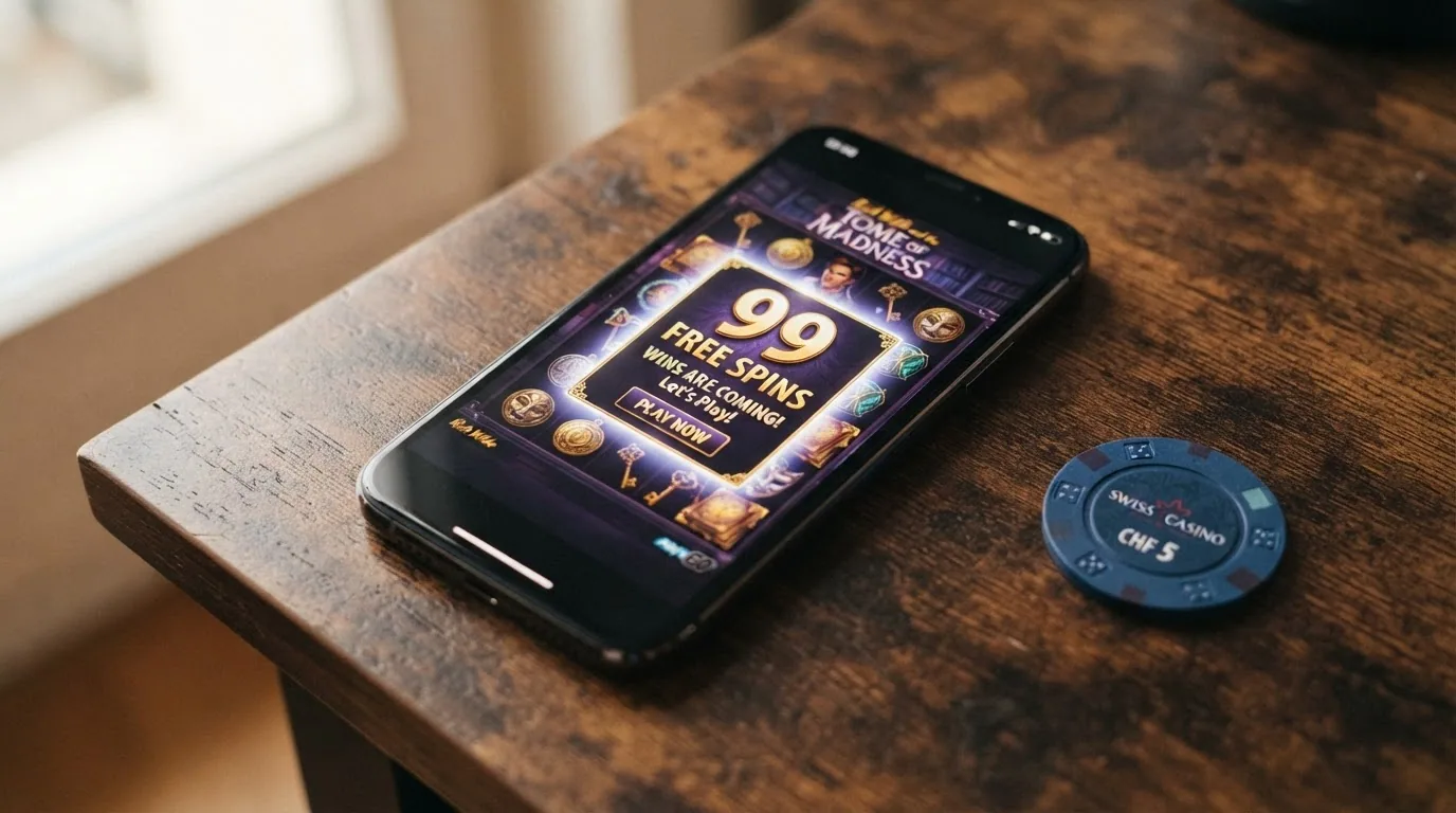 Geöffneter Spielautomat Rich Wilde and the Tome of Madness auf einem Smartphone-Bildschirm, daneben eine Freispiel-Anzeige «99 Free Spins»